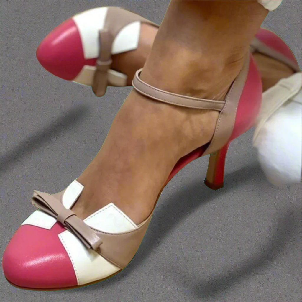 LUCINDA | Elegant color block low-heeled shoe with a pretty bow ornament