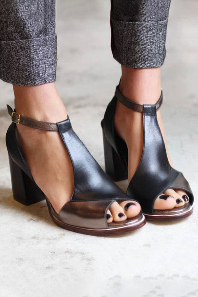 Anyao™ Elegant Open-Toe Block Heel Sandals in Black Patchwork – Perfect for Any Occasion