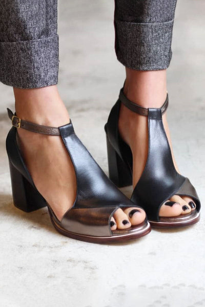 Anyao™ Elegant Open-Toe Block Heel Sandals in Black Patchwork – Perfect for Any Occasion