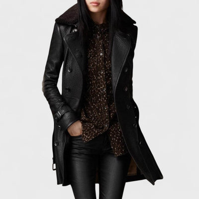 Keira – Elegant Double-Breasted Leather Coat