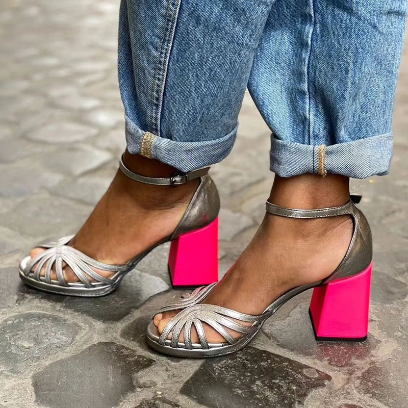 Naelle™ | Shiny chunky heel sandals with a chic buckle for an elegant style
