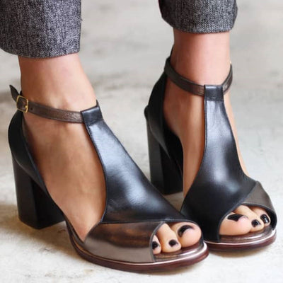 Anyao™ Elegant Open-Toe Block Heel Sandals in Black Patchwork – Perfect for Any Occasion